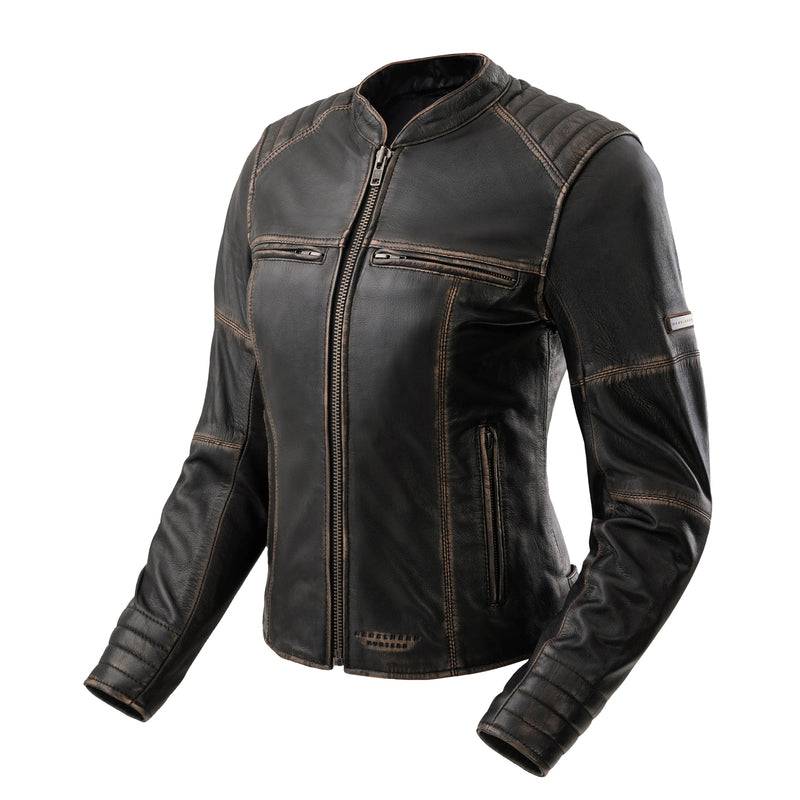 Rebelhorn Dam Mc-Jacka Hunter II Vintage Brun i skinn med quiltade detaljer och dragkedjor fram. Perfekt för motorcykelåkning.