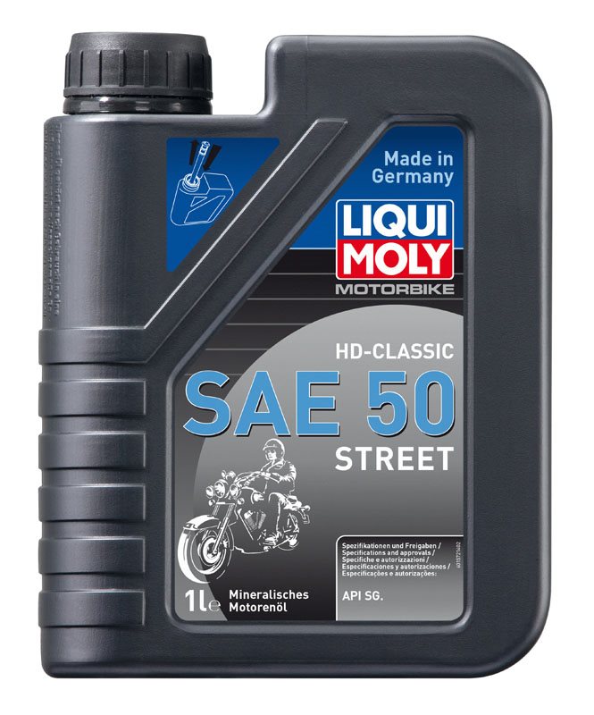 Liqui Moly Motorolja HD CLASSIC 50 1L för motorcyklar, mineralolja med API SG-standard. Perfekt för klassiska fordon och motorer.