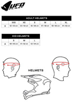 Storleksguide för UFO Jet Mc-Hjälm Sheratan Matt Svart med mått för vuxna och barn. Illustration visar korrekt huvudmätning.