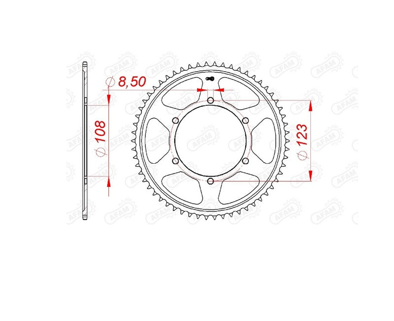 Teknisk ritning av AFAM Steel Standard Bakdrev 92220 - 428 med måttspecifikationer. Passar Aprilia RS4 125 och Tuono 125 modeller.