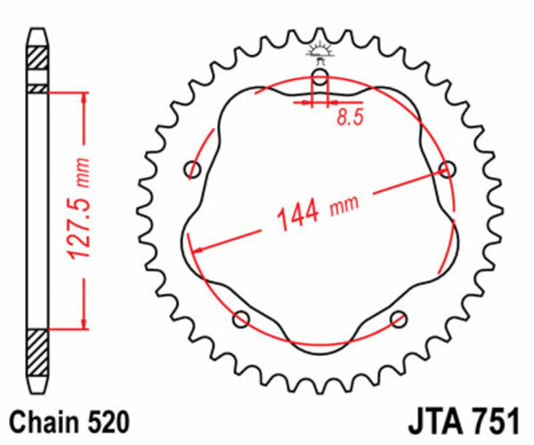 Standardni čelični Sprick Sprick -ov SPROCK 751 - 520 - Zahtijeva stražnji nosač Sprick -a JT -a JTR751.43