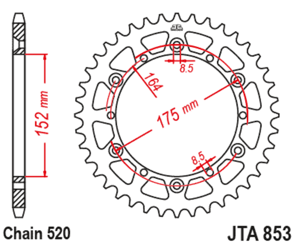 JT Sprock's Aluminum Ultra -Light Reaar Sprock 853 - 520 JTA853.48BLK
