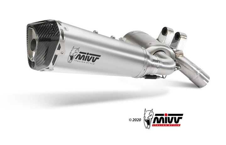 MIVV Delta Race Slip-on - Stainless Steel B.038.LDRX avgassystem i rostfritt stål med kolfiberdetaljer, perfekt för sportmotorcyklar.