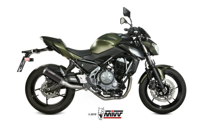 MIVV MK3 Full Exhaust System - Black K.044.SM3B installerat på Kawasaki Z650, sidovy. Effektivt avgassystem för streetmotorcyklar.