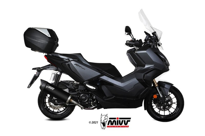 Sidovy av Honda ADV 350 med MIVV Mover Silencer MV.HO.0004.LV installerad. Stilren design för fordonstillbehör och prestandauppgradering.