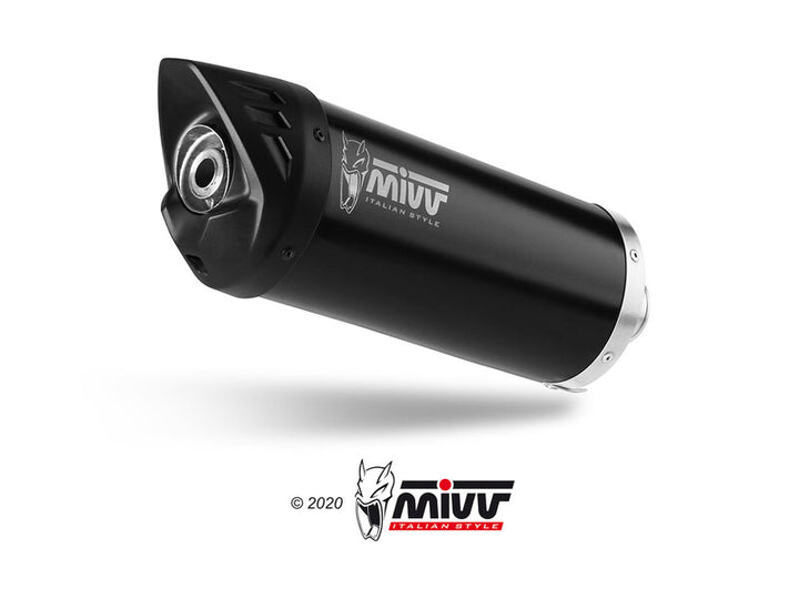 Närbild på MIVV Mover Silencer MV.HO.0004.LV i svart finish. Högkvalitativt avgassystem för Honda ADV 350 inom fordonskategorin.