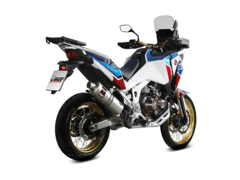 MIVV Dakar Silencer H.079.LEKX monterad på Honda CRF 1100L Africa Twin, optimerar prestanda och ljud för motorcykeln.