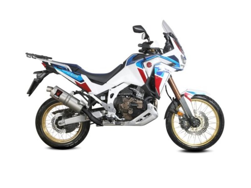 Sidovy av Honda CRF 1100L Africa Twin utrustad med MIVV Dakar Silencer H.079.LEKX, idealisk för fordonstillbehör och avgassystem.