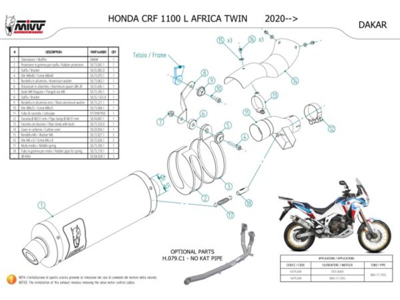 Exploderad ritning av MIVV Dakar Silencer H.079.LEKX för Honda CRF 1100L Africa Twin 2020+, visar monteringsdetaljer och reservdelar.