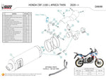 Exploderad vy av MIVV Dakar Silencer H.079.LEKB med monteringsdetaljer för Honda CRF 1100L Africa Twin 2020 och framåt. Reservdelar och tillbehör.