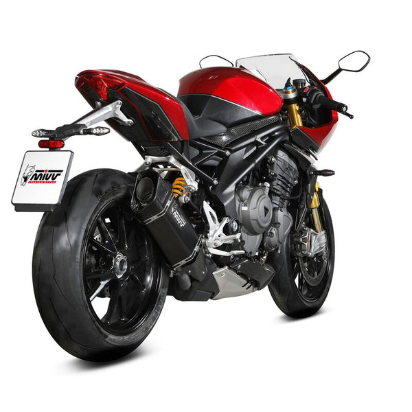MIVV SR-1 Silencer T.025.LR1TB monterad på sportmotorcykel, visad bakifrån med fokus på avgassystemet i titan och kolfiber.