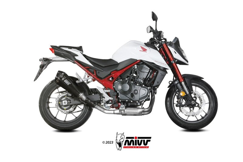 MIVV Delta Race Slip-On H.085.LDRC monterad på vit Honda motorcykel, visar sportigt avgassystem för fordonstillbehör och prestandauppgradering.