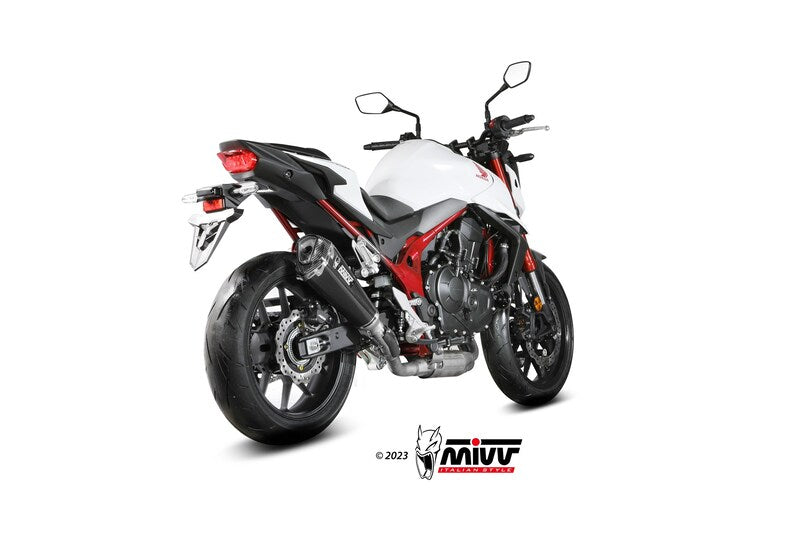 Bakifrån snedvy av Honda motorcykel med MIVV Delta Race Slip-On H.085.LDRC installerad, idealisk för reservdelar och avgassystemstillbehör.