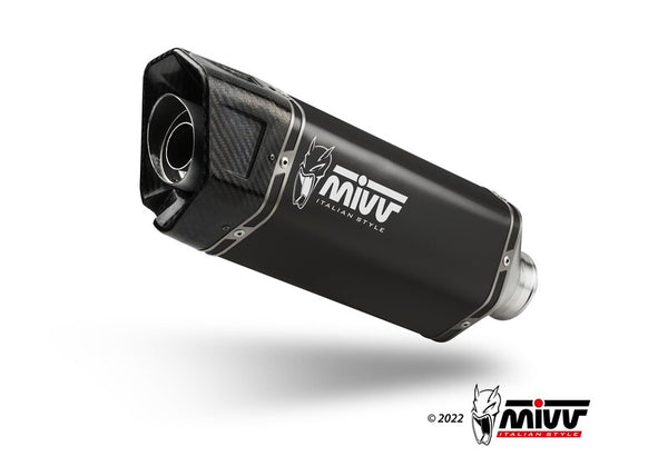 MIVV SR-1 Slip-On H.085.LR1XB avgassystem i svart med kolfiberände, designad för sportmotorcyklar. Perfekt för tuning och prestandaoptimering.
