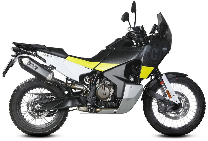 Sidovy av Husqvarna Norden 901 med MIVV Silencer Speed Edge HU.002.LRB installerad. Stilren design för fordonstillbehör och reservdelar.