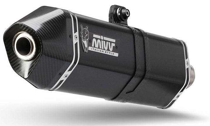 Närbild av MIVV Silencer Speed Edge HU.002.LRB i svart med kolfiberfinish. Premium avgassystem inom reservdelar och ACCESSORIES.