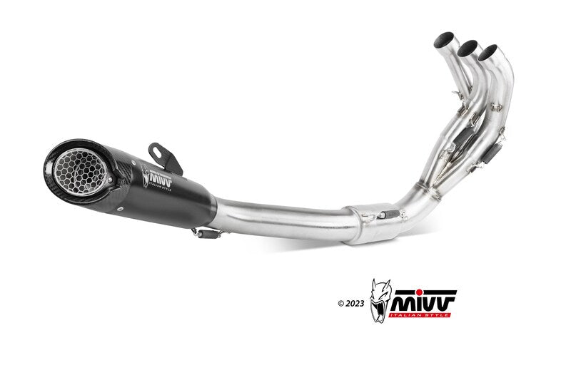 MIVV Complete Exhaust System Y.068.SC5B i rostfritt stål med svart ljuddämpare, designad för hög prestanda till motorcyklar.