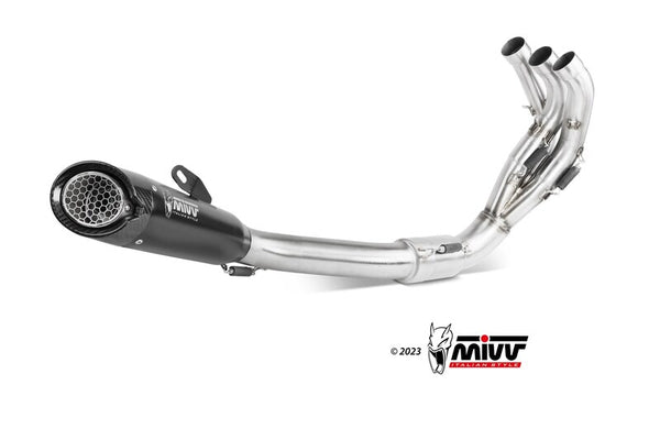 MIVV Complete Exhaust System Y.068.SC5B i rostfritt stål med svart ljuddämpare, designad för hög prestanda till motorcyklar.