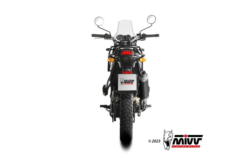 MIVV Dakar Silencer RE.003.LDKB sedd bakifrån på motorcykel, tydlig visning av ljuddämparens placering. Passar ACC. EXHAUST och reservdelar.
