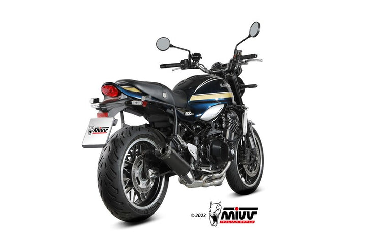 MIVV HR-1 Silencer K.046.LH1BC monterad på Kawasaki Z900RS, bakifrån med fokus på sportigt avgassystem i svart finish.