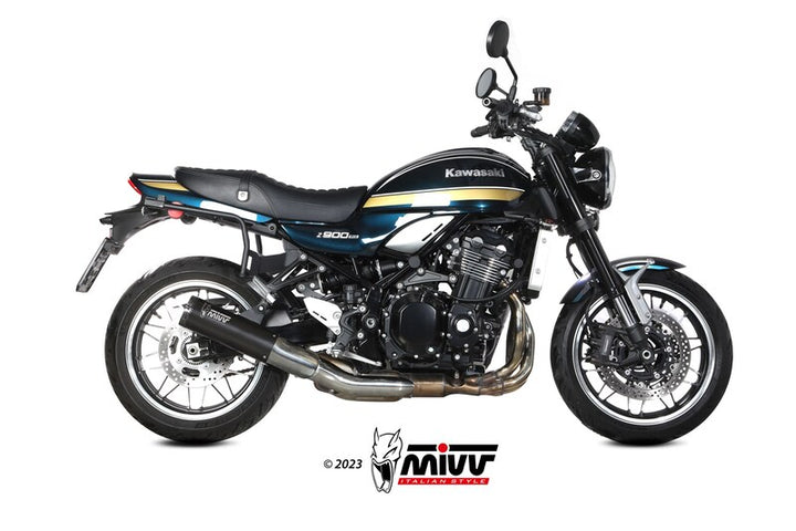 MIVV HR-1 Silencer K.046.LH1BC installerad på Kawasaki Z900RS, sidovy som visar hela avgassystemet och motorcykelns design.