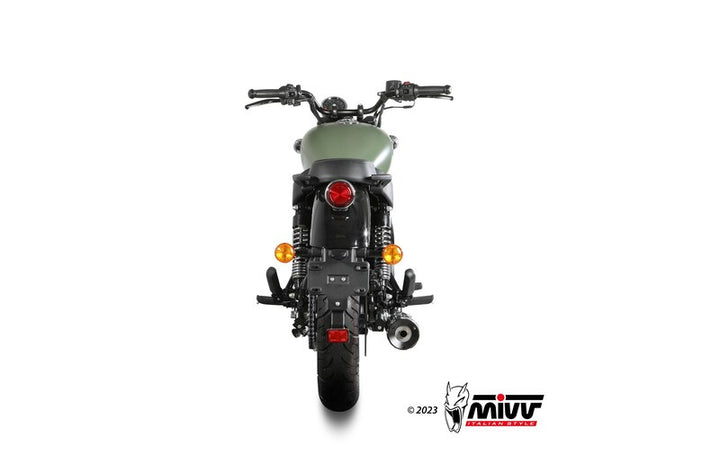 MIVV HR-1 Silencer RE.004.LH1BA monterad på motorcykel, vy bakifrån. Stilren design för tillbehörskategori inom motorcykelreservdelar.