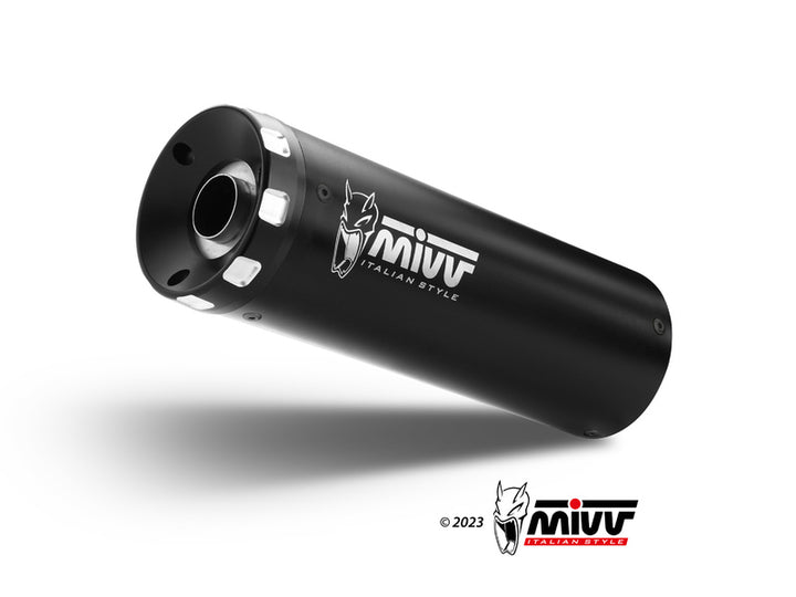 MIVV HR-1 Silencer RE.004.LH1BA svart ljuddämpare med logotyp. Högkvalitativt avgassystem för fordonstillbehör och reservdelar.