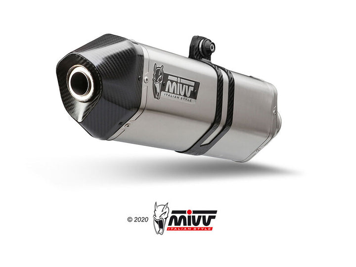 Närbild av MIVV Speed Edge Silencer B.043.LRX ljuddämpare i rostfritt stål med kolfiberdetaljer. Premium tillbehör inom ACC. EXHAUST och reservdelar.