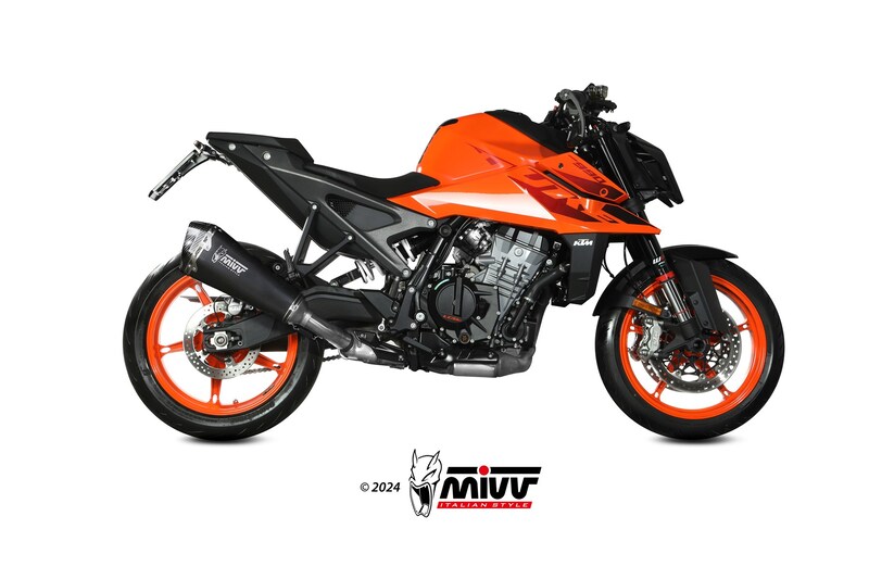 Sidovy av KTM-motorcykel utrustad med MIVV Delta Race Silencer KT.032.LDRB, perfekt för prestanda och stil inom reservdelar.