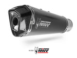 Närbild av MIVV Delta Race Silencer KT.032.LDRB i svart med kolfiberfinish, ett premium avgassystem för motorcyklar.