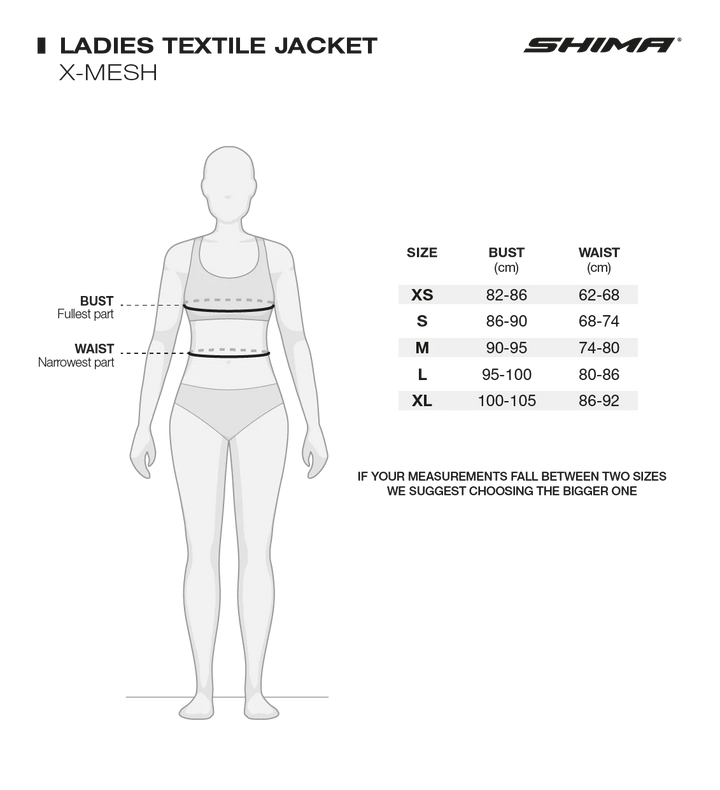 Storlekstabell för Shima Dam Textil Mc-Jacka X-Mesh 2.0 Svart/Röd med mått för XS, S, M, L och XL.
