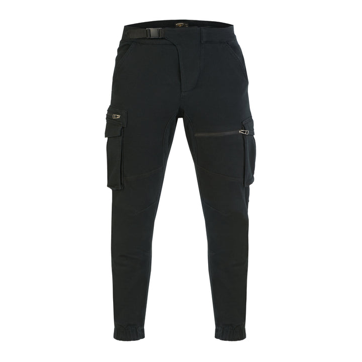 Broger Kevlar Mc-Jeans Alaska Svart framifrån med elastiska muddar och flera fickor för motorcykelåkning.