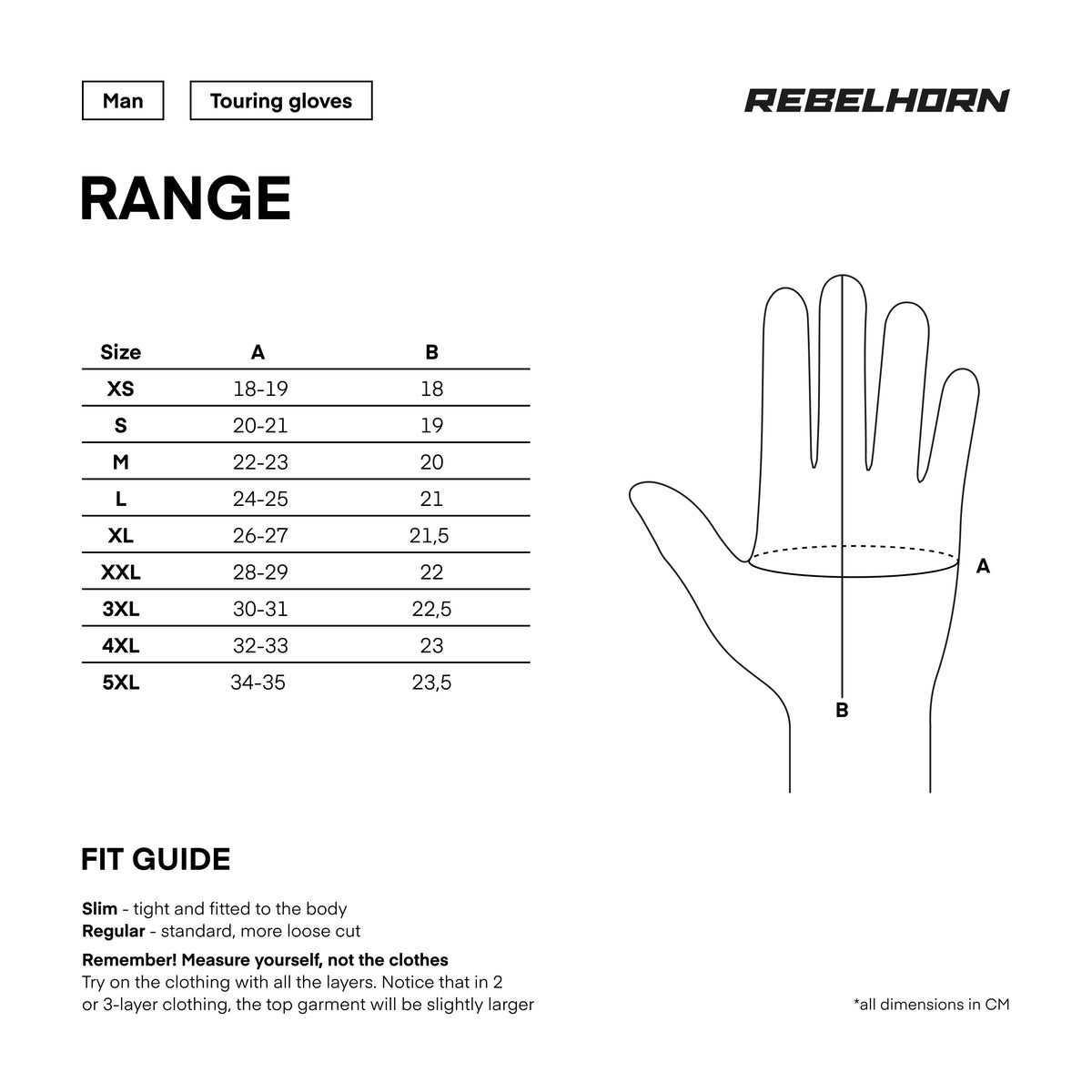 Storleksguide för Rebelhorn Mc-Handskar Range med mått för XS till 5XL, anpassad för touringhandskar med slim och regular passform.