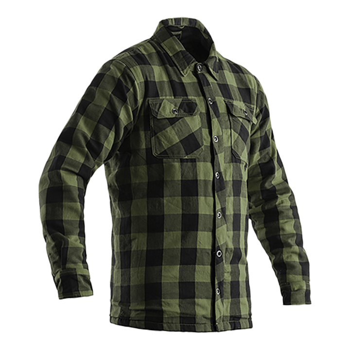 RST Kevlar Mc-Skjorta Lumberjack Grön med slitstarkt kevlarfoder och klassisk grön-svart rutig design. Perfekt för motorcyklister som söker stil och skydd.