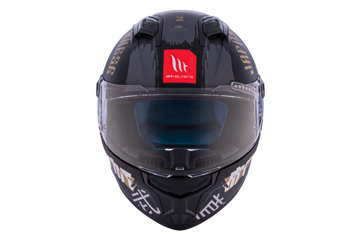 Frontalvy av MT Helmets Stinger 2 MC-hjälm med aerodynamisk design, röd logotyp och klart visir för optimal säkerhet.