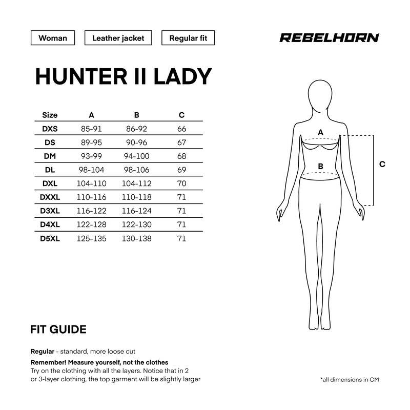 Storleksguide för Rebelhorn Dam Mc-Jacka Hunter II Vintage Brun med mått i centimeter för olika storlekar.