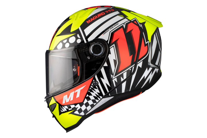 Sidovy av MT Helmets Integral Mc-Hjälm Revenge 2 Sergio Garcia A3 med grafiska detaljer och rött nummer 11.
