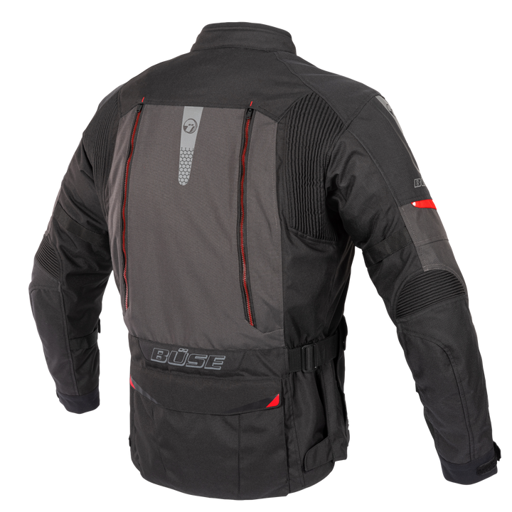 Buse Textil Mc-Jacka Monterey Svart med ryggventilation, elastiska paneler och reflekterande detaljer. Perfekt för säker och bekväm motorcykelkörning.