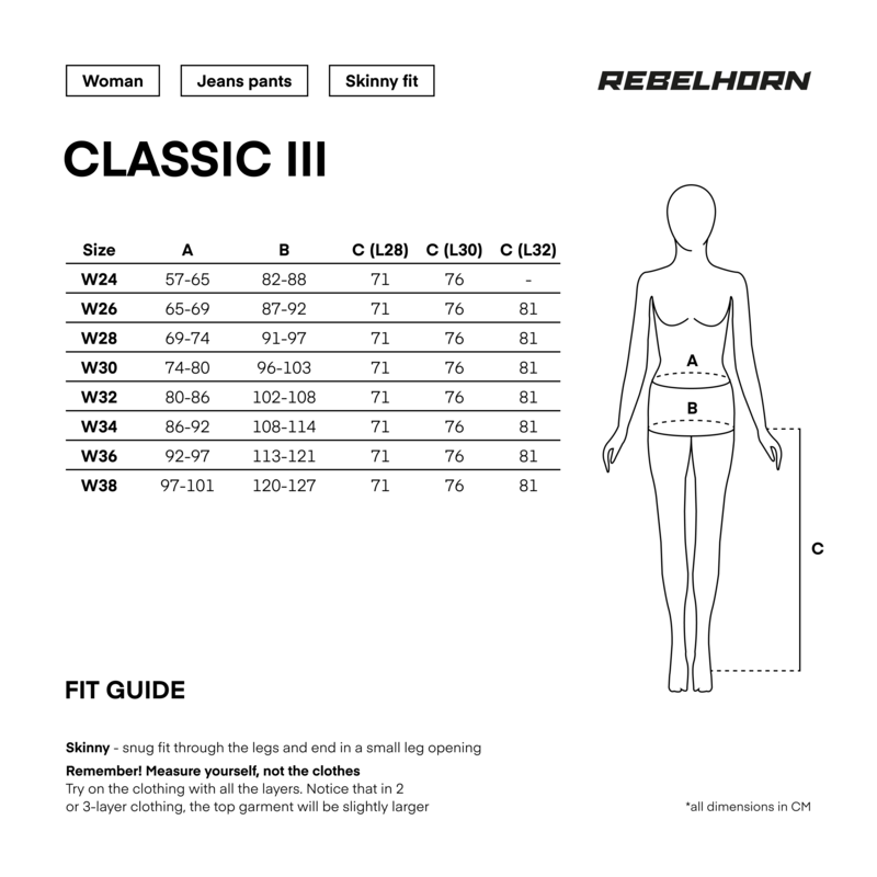 Storleksguide för Rebelhorn Dam Kevlar Mc-Jeans Classic III Blå med mått för midja, höfter och benlängd i olika storlekar.