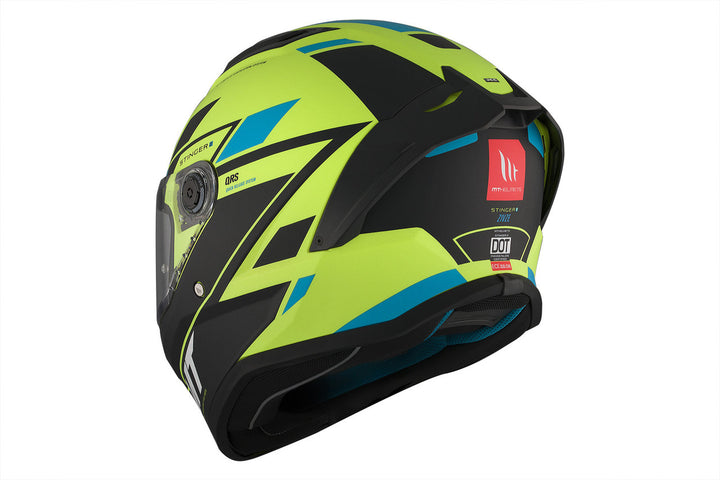 Baksida av MT Helmets Integral Mc-Hjälm Stinger 2 Zivze C3 med DOT-certifiering, neongul och svart design samt blå detaljer.