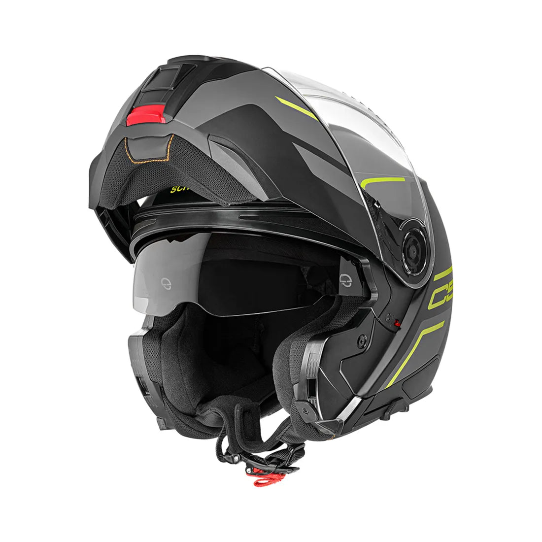 Schuberth C5 MC-hjälm med öppningsbar design, svart med gula detaljer och integrerat visir. Perfekt för stadskörning.