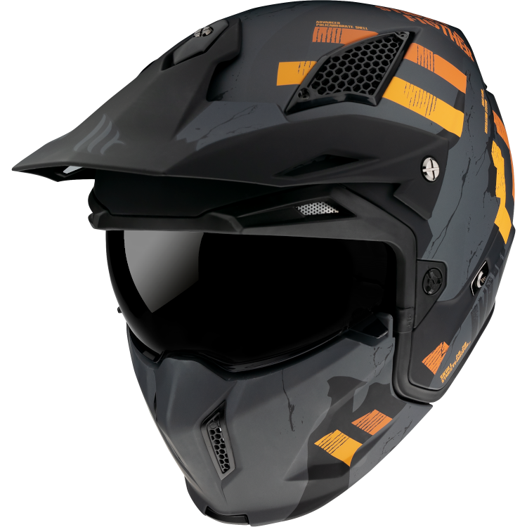 MT Helmets öppen mc-hjälm Streetfighter A12 i grå färg med orangea detaljer, visir och ventilationssystem, storlek XS-XXL.