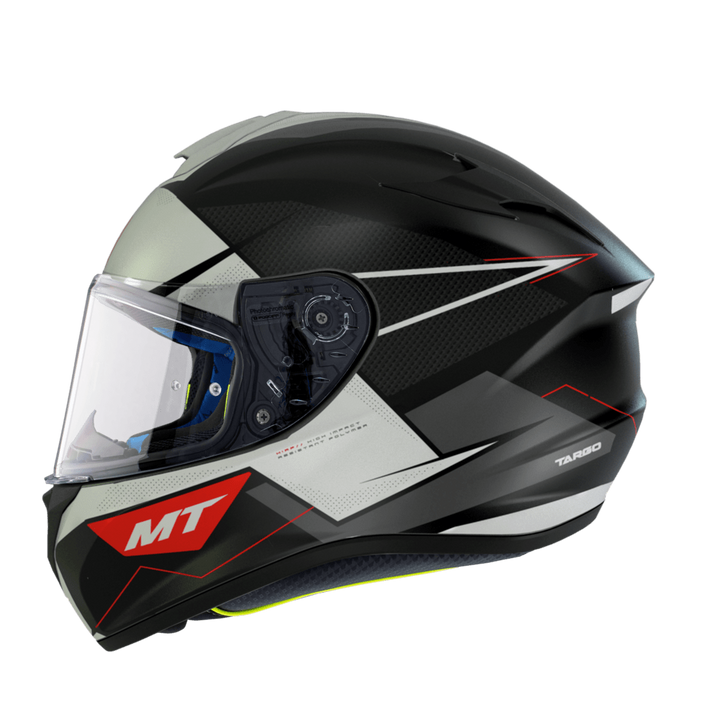 Sidovy av MT Helmets Integral Mc-Hjälm Targo Podium Blanco med modern grafik och hög säkerhetsstandard. Finns i flera storlekar.