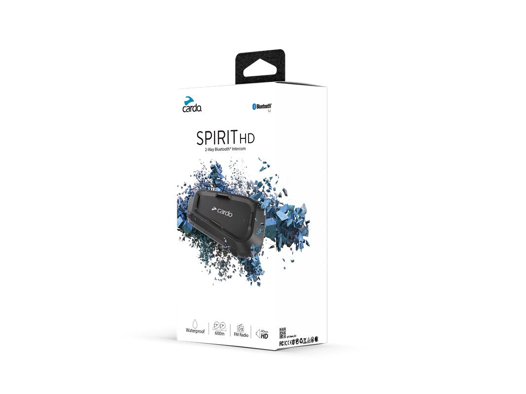 Cardo Intercom Spirit HD Single i förpackning med Bluetooth-funktion, vattentät design och HD-ljud för kommunikationstillbehör.