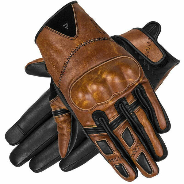 Rebelhorn Mc-Handskar Thug II Vintage Brun i äkta läder med förstärkta knogar och ventilerade paneler för optimal säkerhet och komfort.