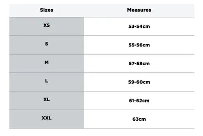 Storlekstabell för HJC öppningsbar mc-hjälm I90 Wasco, med mått från XS till XXL för optimal passform.