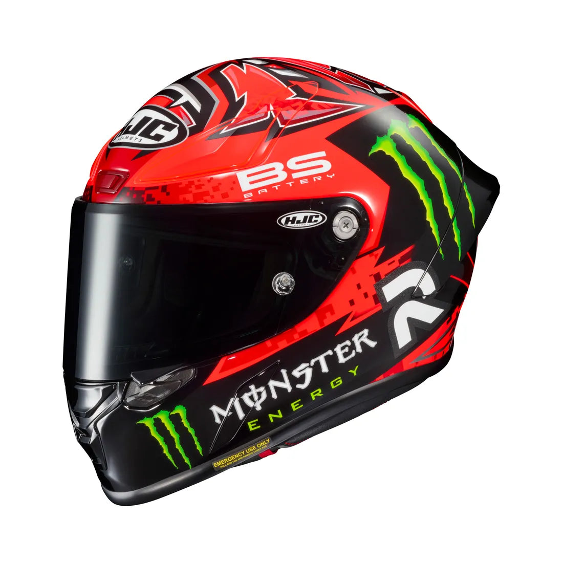 HJC Integral Mc-Hjälm RPHA 1 Fabio Quartararo Replica med röd och svart design, Monster Energy-logotyp och aerodynamisk form.