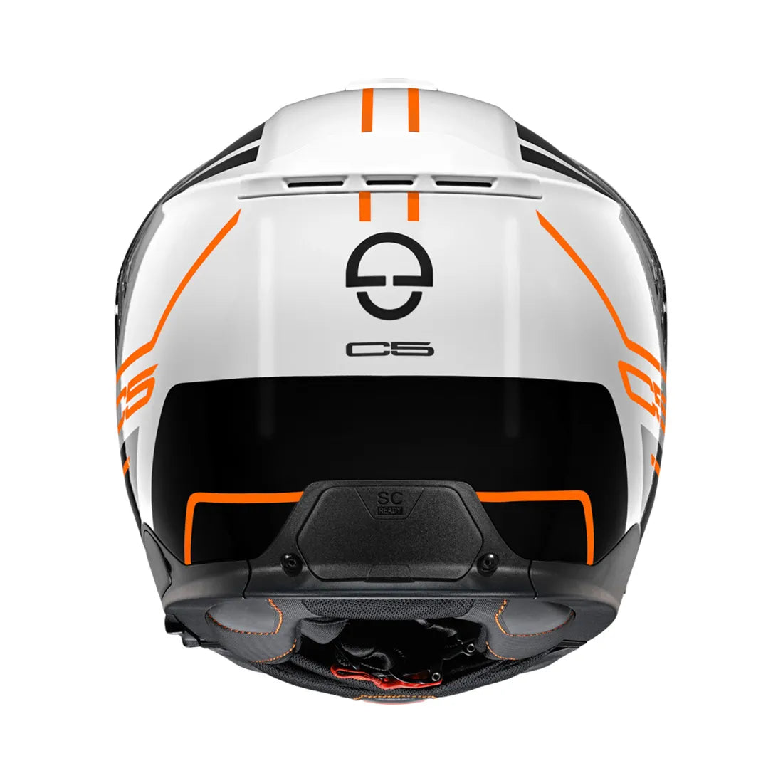 Baksidan av Schuberth C5 MC-hjälm med logotyp och orange accenter. Ergonomisk design för maximal komfort och säkerhet.