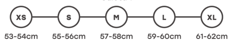 Storlekstabell för MT Helmets Integral Mc-Hjälm Targo Podium Rojo, tillgänglig i XS till XL med mått från 53 cm till 62 cm.