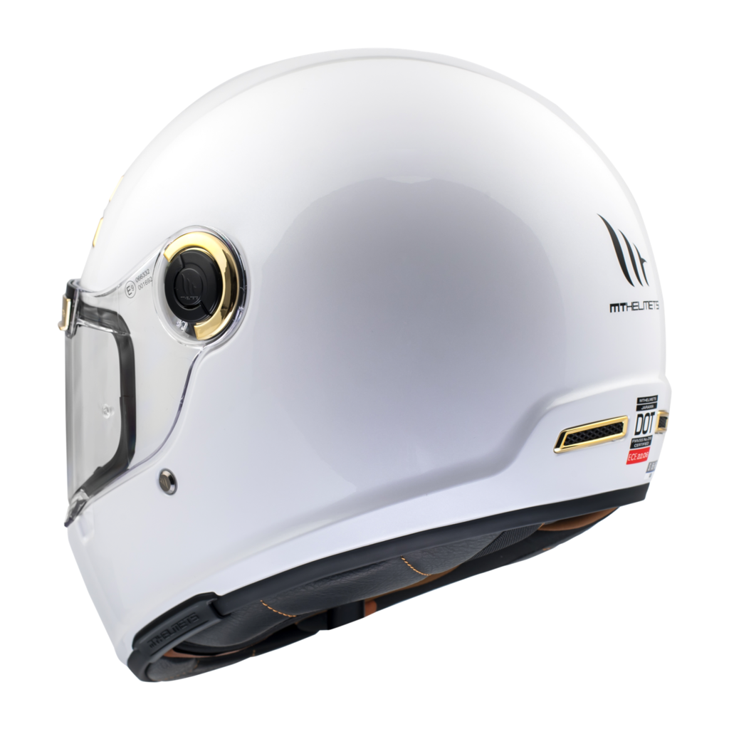 Baksida av MT Helmets Integral Mc-Hjälm Jarama A0 Pearl White med gulddetaljer och logotyp. Stilren design för säker motorcykelkörning.